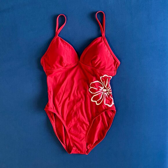 Red Embroidered Hibiscus Swimsuit - Picture 2 of 5